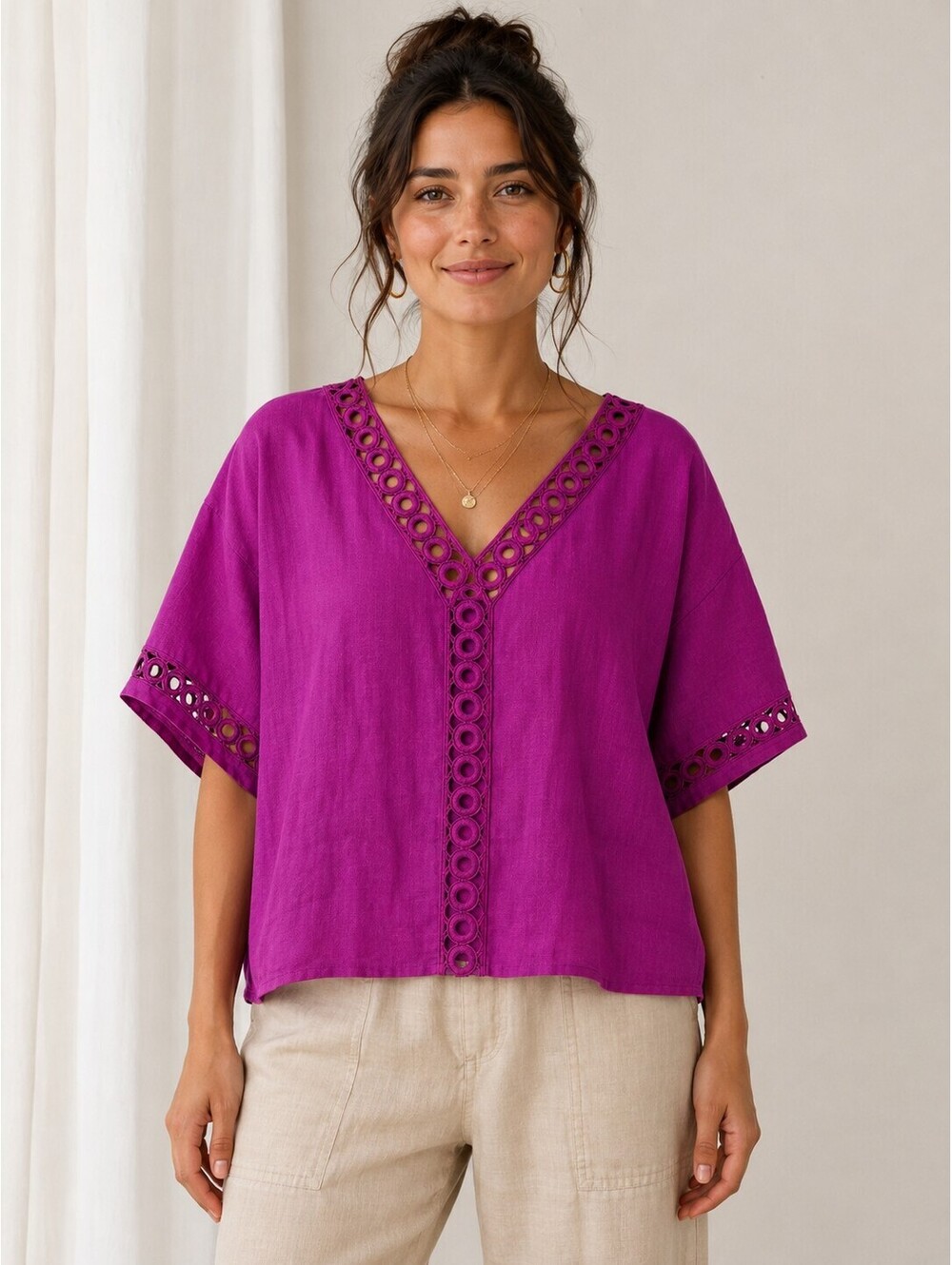 Marc New York Andrew Marc Linen Blend Crochet Trim Blouse Purple Magenta V Neck